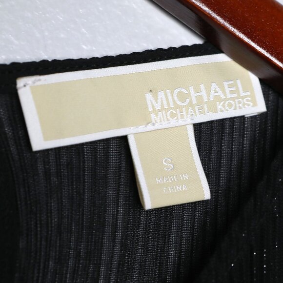 Michael Kors Black Sheer Bell Sleeve Blouse Pleated Top Metallic Thread Elastic - Picture 8 of 13